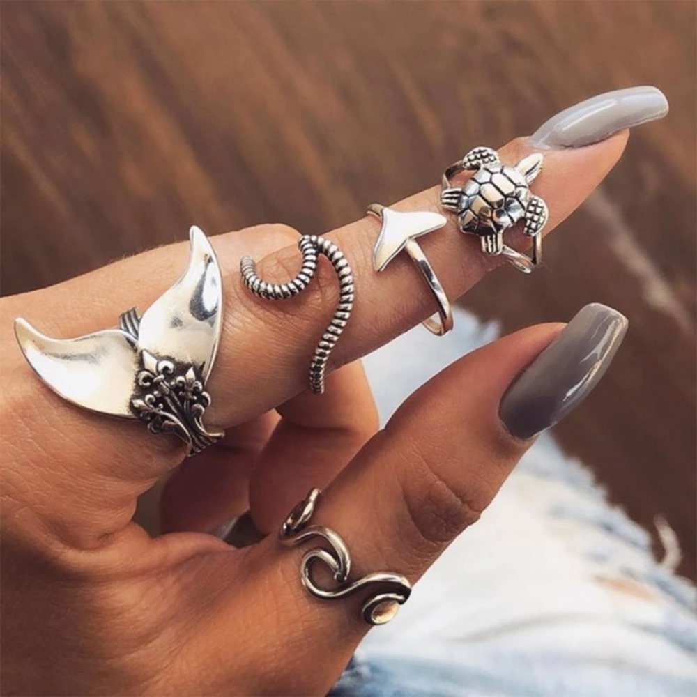 5 pcs. Rings Whale Turtle, Waves‎